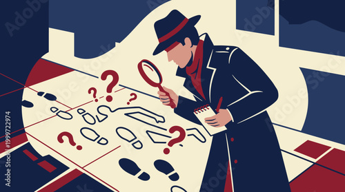 Detective investigates clues at crime scene urban setting illustration night view mystery concept