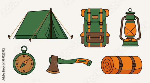 Camping adventure essentials tent backpack and gear icons for outdoor enthusiasts