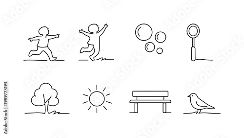 Minimalist Park Bubbles. PLAYFUL PARK BUBBLE SCENE. Minimalistic set one-line drawing kids chasing bubbles,