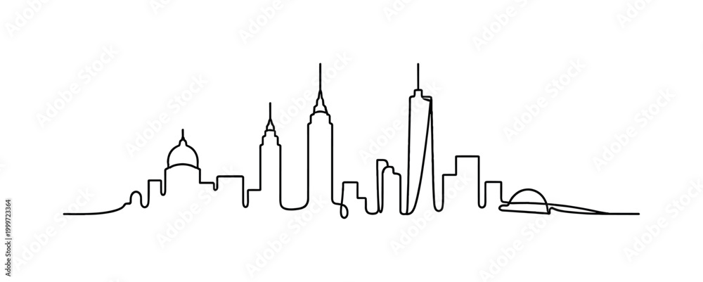 Fototapeta premium Skyline Simplicity. Minimalistic one-line drawing abstract cityscape with a few iconic building shapes in a