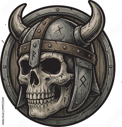 A detailed illustration of a skull wearing a horned Viking helmet with runes, set against a round wooden shield.