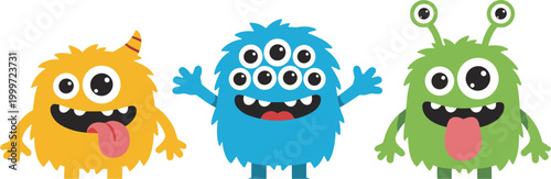 A colorful vector illustration featuring funny cartoon monsters and animals with expressive faces and playful emotions designed in a fun comic style for children