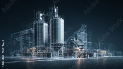 Construction site showing a cement plant with large silos and machinery in a digital design at night