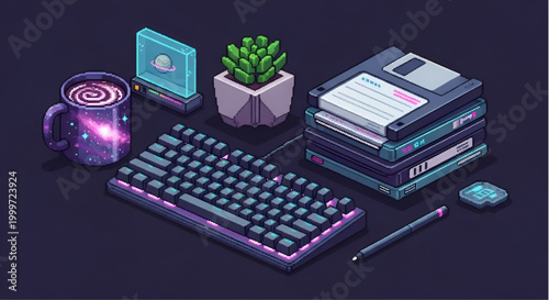 Isometric Gaming Workspace Pixel Art Keyboard and Floppy Disk Vector