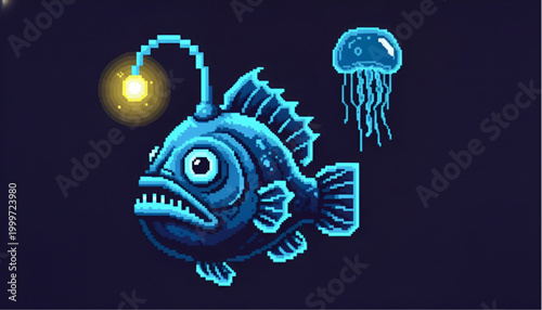 Deep Sea Fish Pixel Art Anglerfish and Jellyfish Neon Vector