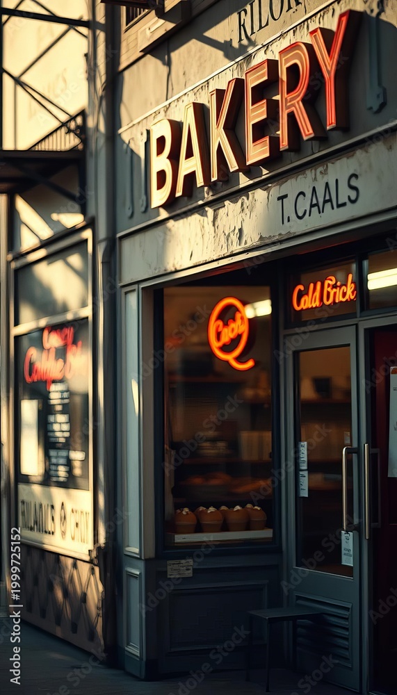 Fototapeta premium A weathered bakery facade, sun-drenched and subtly blurred, hints at forgotten delights, film grain, baked goods