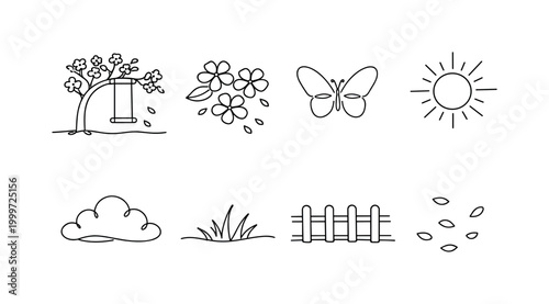 SPRING SWING IN BLOSSOM GARDEN. Minimalistic set one-line drawing tree with swing, blossoms, falling petals,