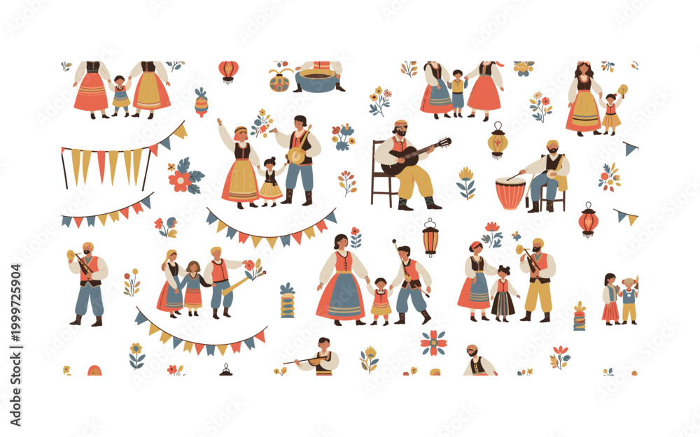 Fototapeta premium Traditional celebration scene, seamless pattern, repeating pattern, surface design, textile print, charming composition of families, dances, music instruments,