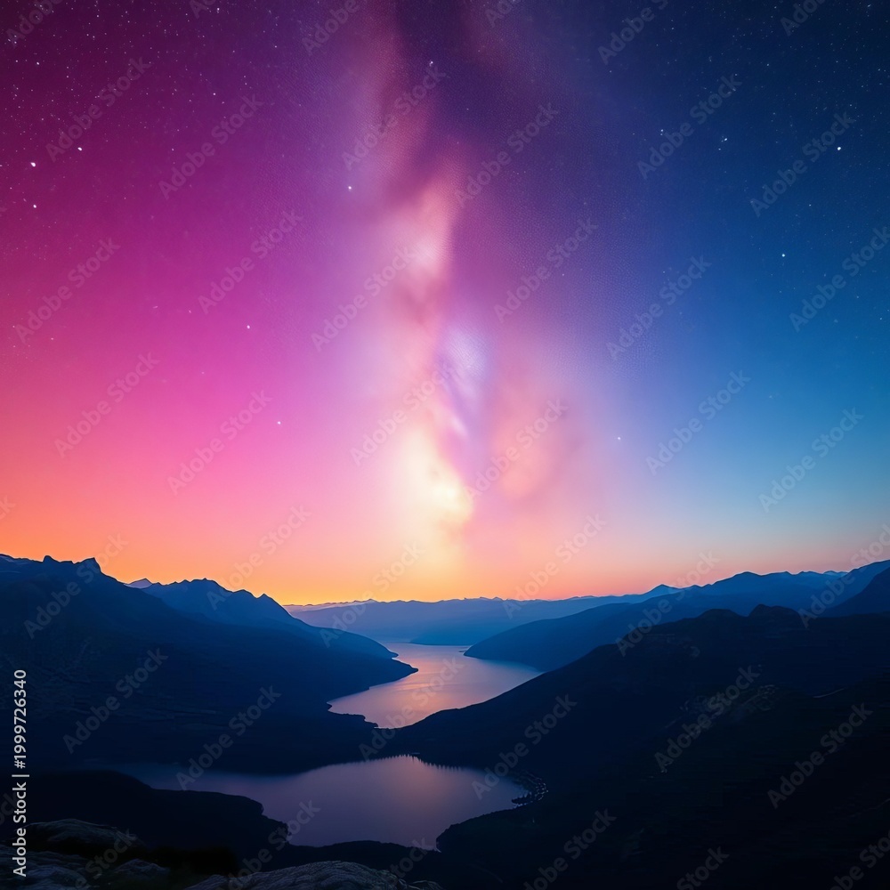 Fototapeta premium Galactic vista over a mountain lake, stars in gradient across the night sky, vast, nebula
