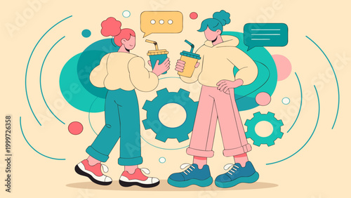 Vector illustration of friends chatting with coffee cups and speech bubbles. Concept for social networking, friendship, casual meeting, and lifestyle communication.