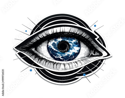 surreal black and white human eye with ocean waves inside the iris, detailed water texture forming the pupil,