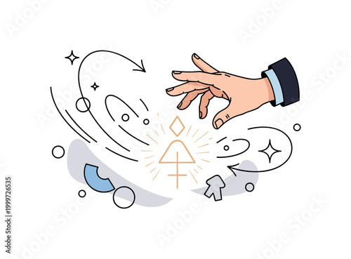 Spell casting moment. A single hand is highlighted casting a spell over a glowing symbol, with light particles forming around it. Curved lines and sparkles