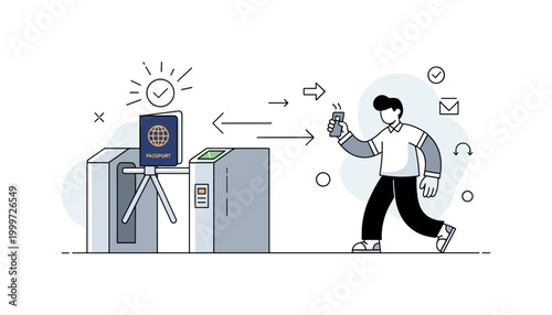 Immigration checkpoints. A single passport is being scanned at a sleek border control gate, with a glowing checkmark icon appearing above. Minimal arrows and