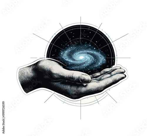 vintage black and white human hand delicately holding a tiny swirling galaxy, cosmic spiral with stars