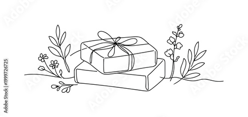 Botanical Soap Craft. Minimalistic one-line drawing soap bars surrounded by simple floral outlines expressing