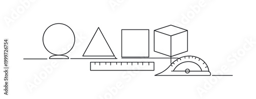 Educational Geometry. Minimalistic one-line drawing abstract geometric figures aligned in a balanced teaching
