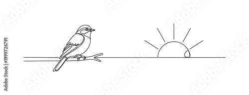 "Morning nature". Minimalistic one-line drawing small bird with rising sun above horizon line creating a peaceful balanced scene, continuous single black line