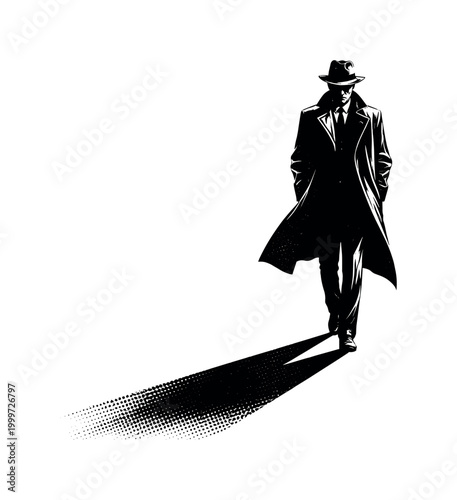 Tall noir silhouette walking forward with long shadow trailing behind, body simplified into bold contrast