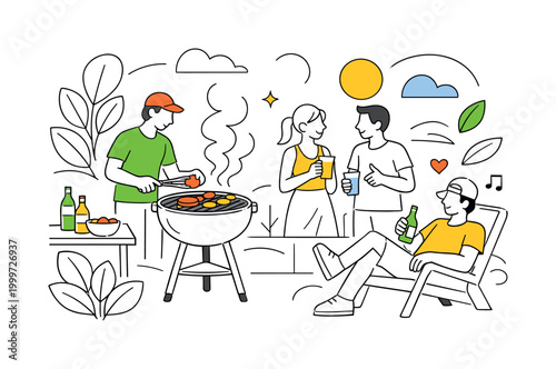 Barbecue in a backyard. A person grilling food on a barbecue, smoke rising softly, friends nearby, garden