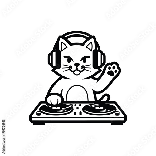 Dj cat in headphones playing music on turntables vector illustration. cartoon character with mixer. disc jockey feline performing. animal mascot for party events.