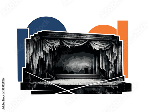 Old abandoned opera stage portrayed as a dramatic theatrical ruin, black and white vintage photographic stage