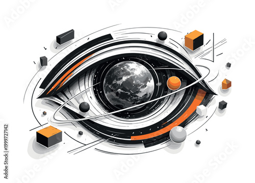 monochrome detailed eye with iris transformed into a planet, surrounded by orbiting spheres and semicircular