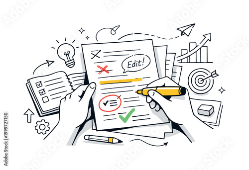 Hands-on Skill Growth. Skill growth scene. Close-up of hands editing work with notes and highlights, clean