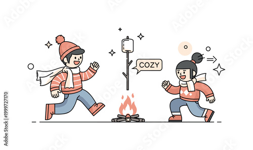 Outdoor snack scene. A single stick with a marshmallow is centered, with a minimal fire below and soft glowing accents around it. Tiny stars and a ?COZY? label