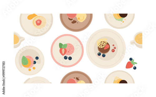 plated desserts and garnishes, seamless pattern, repeating pattern, surface design, textile print, elegant desserts with simple garnishes sauces and berries