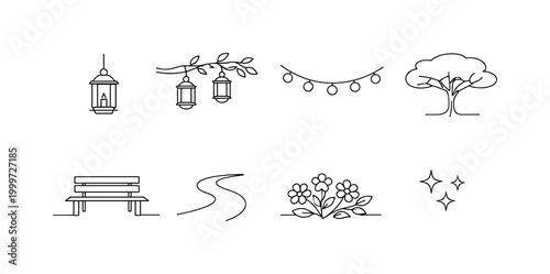 FESTIVE PARK LANTERN DECOR. Minimalistic set one-line drawing lanterns hanging on branches, tree canopy,
