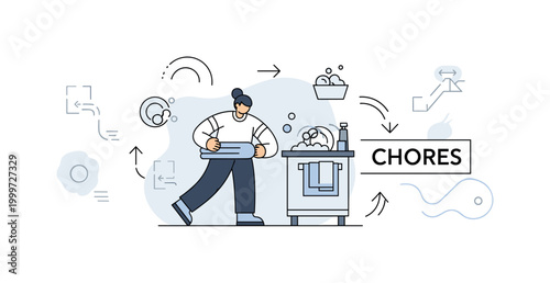 Simple chores. A central scene shows a person folding laundry or washing dishes, with soft curved lines and minimal icons showing gentle movement. A ?CHORES?