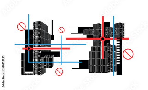 retro collage of cargo containers blocked by abstract barriers, black and white shipping containers with white outline cut-out effect, stacks interrupted by