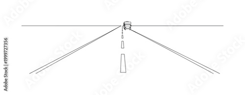 "Open road". Minimalistic one-line drawing road stretching through desert with van moving forward and minimal horizon line, continuous single black line on