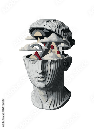 ancient statue bust with head opening into a cloudy sky, monochrome sculpture with layered cut-out look, top of the head lifted revealing abstract cloud
