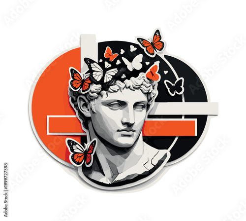 surreal monochrome Greek bust with butterflies emerging and flying around the head, abstract semicircles and