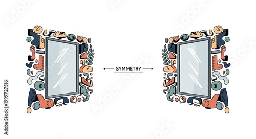 Mirror-style decoration setup. One main wall arrangement is shown with perfectly duplicated elements on each side, creating visual harmony. A small ?SYMMETRY?
