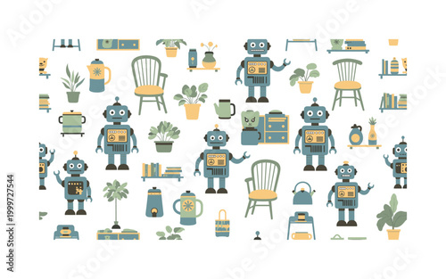 domestic helpers and home elements, seamless pattern, repeating pattern, surface design, textile print, minimal robot figures combined with home elements like