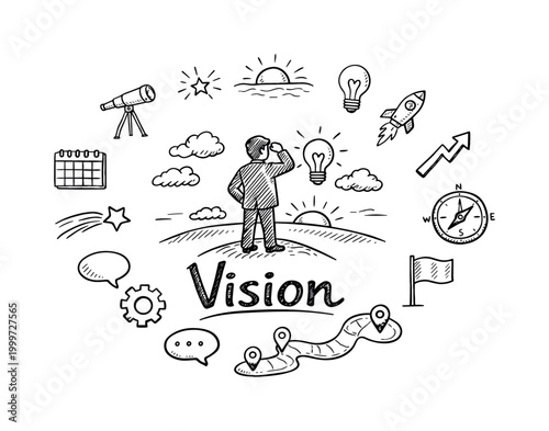 Visionary leadership mindset. Hand-drawn doodle illustration of visionary leadership mindset. In the middle,
