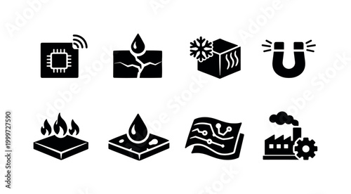 Innovative industrial materials. Filled icon set of Innovative industrial materials: smart sensor material,