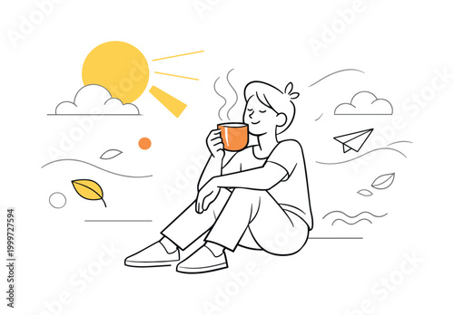 Morning coffee ritual. A person enjoying coffee in fresh air, abstract shapes of sun rays, warmth and light