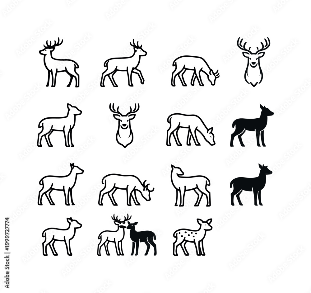 Fototapeta premium Forest deer. Line outline icon set of Forest deer: deer standing, deer walking, deer grazing, deer with