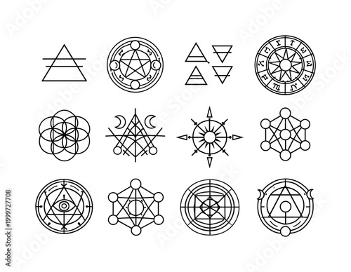 Arcane symbols. Line outline icon set of Arcane symbols: alchemy triangle, occult circle, elemental signs,