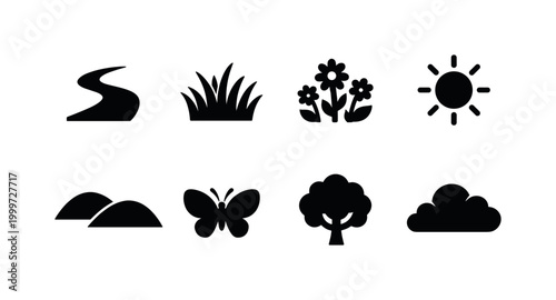 Nature Pathway Set. Filled icon set of Nature Pathway Set: curved path, meadow grass, wildflower, sun, hill,