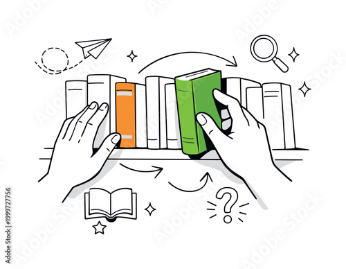 Book selection scene. Close-up of hands choosing a book from a shelf, clean composition with minimal