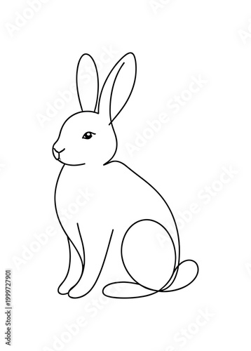 Calm Bunny. Minimalistic one-line drawing rabbit sitting calmly with upright ears and relaxed posture,