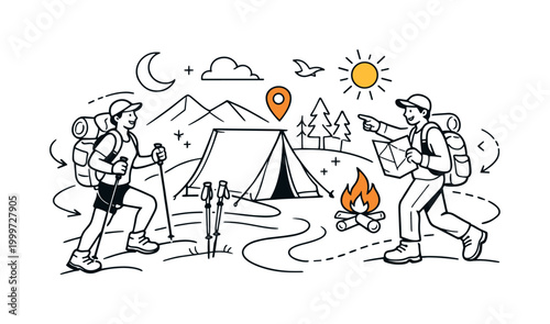 Modern camping and hiking gear. Minimal landscape with tent, trekking poles, and campfire icons, balanced and