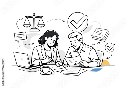 Client consultations regarding legal matters. Lawyer and client seated at a desk reviewing documents together,