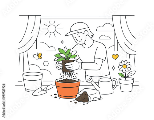 Repotting flowers on a windowsill. A person transferring a plant into a new pot, soil gently falling, roots