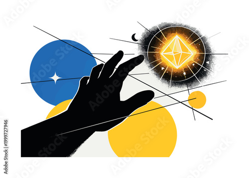 Shadow's Reach for Light. Surreal interpretation of a shadow hand reaching light with exaggerated scale, black