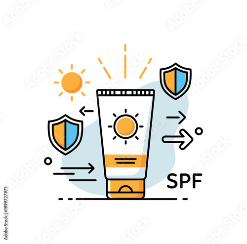 Sun protection. A single sunscreen bottle is the focus, with sun rays and protective shield icons around it. A ?SPF? caption highlights safety and care under